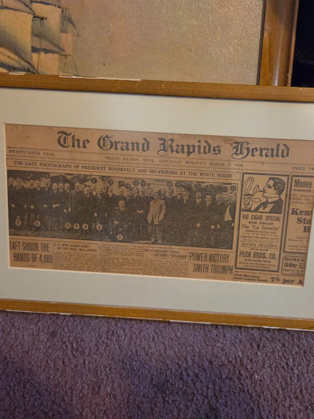 Antique 1909 framed The Grand Rapids Herald ~~President Roosevelt White House